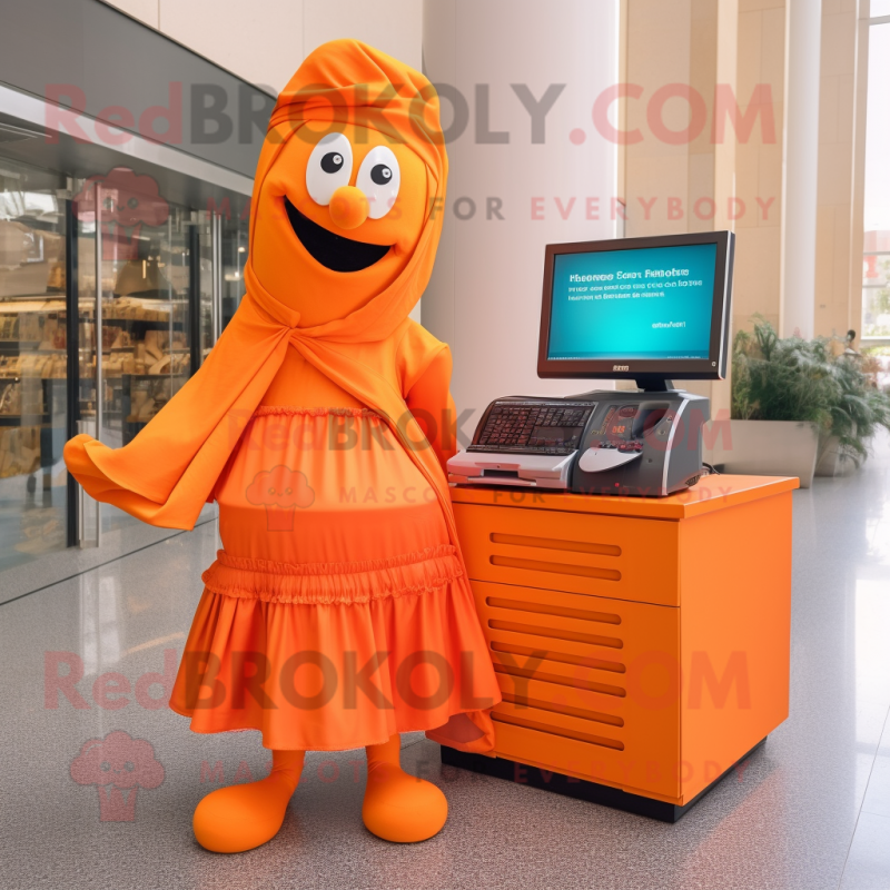 Orange Computer mascot costume character dressed with a Pleated Skirt and Scarves