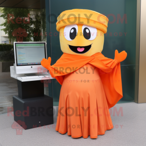 Orange Computer mascot costume character dressed with a Pleated Skirt and Scarves