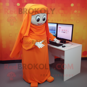 Orange Computer mascot costume character dressed with a Pleated Skirt and Scarves