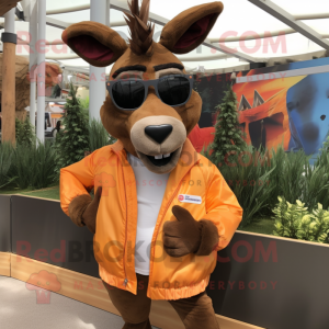 Rust Donkey mascot costume character dressed with a Windbreaker and Sunglasses