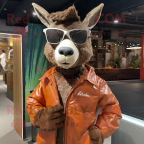 Rust Donkey mascot costume character dressed with a Windbreaker and Sunglasses