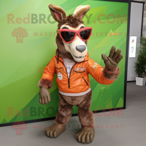 Rust Donkey mascot costume character dressed with a Windbreaker and Sunglasses