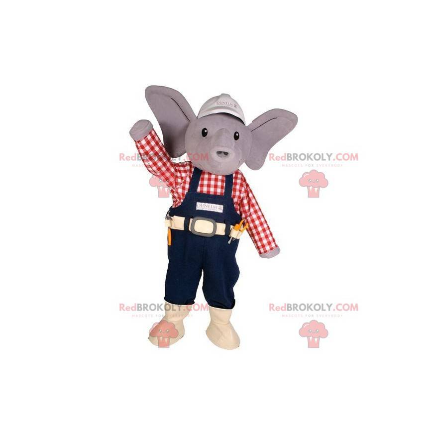 Mascotte d'éléphant gris en tenue d'ouvrier - Redbrokoly.com