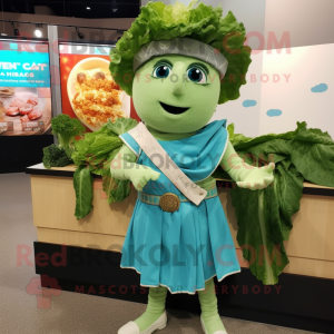 Turquoise Caesar Salad mascot costume character dressed with a Wrap Skirt and Earrings
