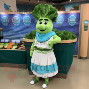 Turquoise Caesar Salad mascot costume character dressed with a Wrap Skirt and Earrings