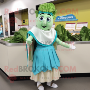 Turquoise Caesar Salad mascot costume character dressed with a Wrap Skirt and Earrings