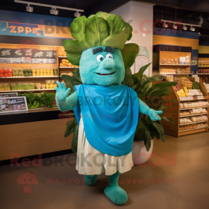Turquoise Caesar Salad mascot costume character dressed with a Wrap Skirt and Earrings