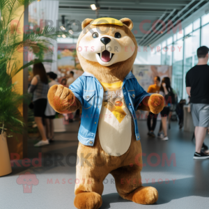 Gold Otter mascot costume character dressed with a Denim Shorts and Keychains