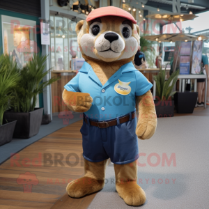 Gold Otter mascot costume character dressed with a Denim Shorts and Keychains