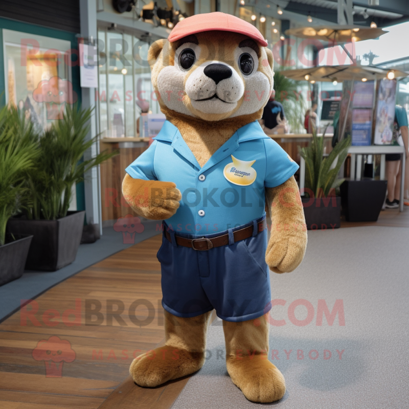 Gold Otter mascot costume character dressed with a Denim Shorts and Keychains