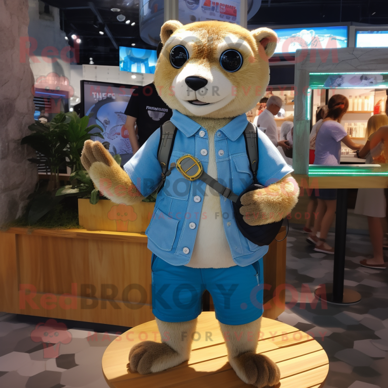 Gold Otter mascot costume character dressed with a Denim Shorts and Keychains Gold Otter mascot costume character dressed with a Denim Shorts and Keychains