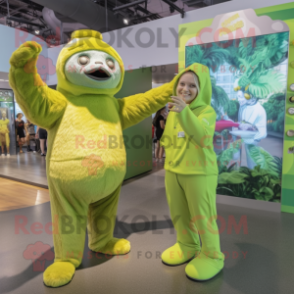 Lime Green Giant Sloth mascot costume character dressed with a Mini Dress and Berets