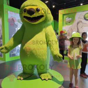 Lime Green Giant Sloth mascot costume character dressed with a Mini Dress and Berets