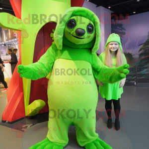 Lime Green Giant Sloth mascot costume character dressed with a Mini Dress and Berets