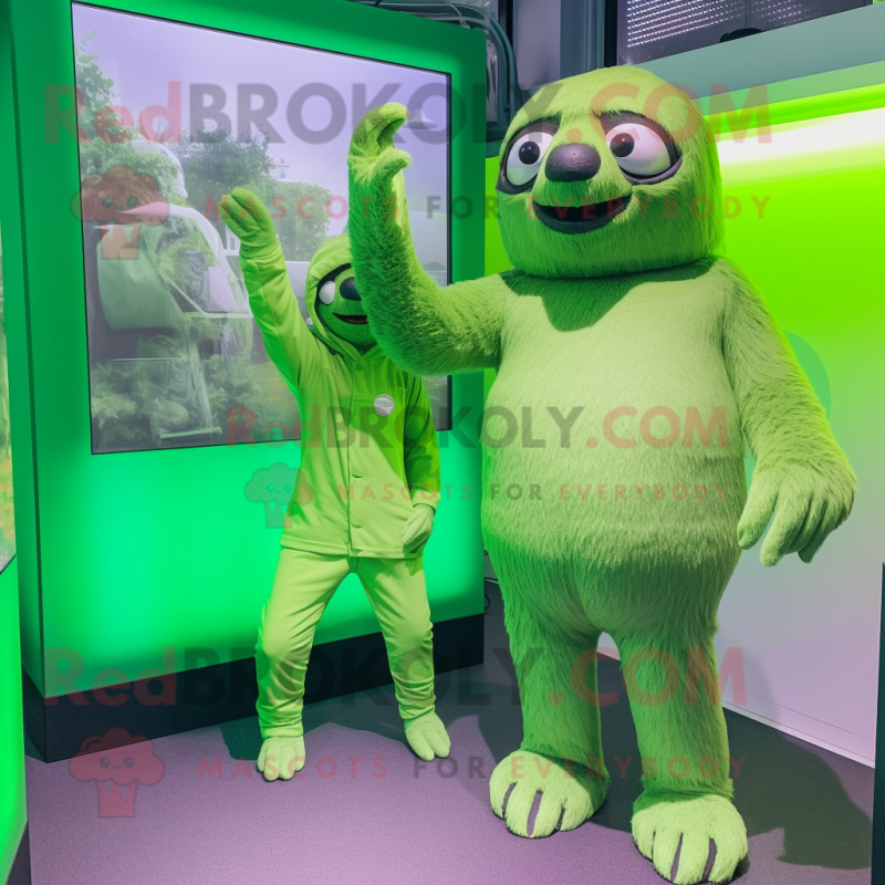 Lime Green Giant Sloth mascot costume character dressed with a Mini Dress and Berets Lime Green Giant Sloth mascot costume character dressed with a Mini Dress and Berets