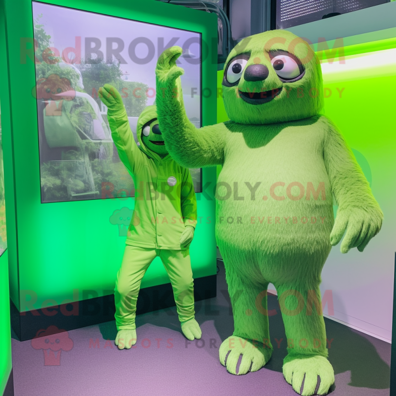 Lime Green Giant Sloth mascot costume character dressed with a Mini Dress and Berets