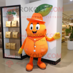 Orange Pear mascot costume character dressed with a Capri Pants and Coin purses