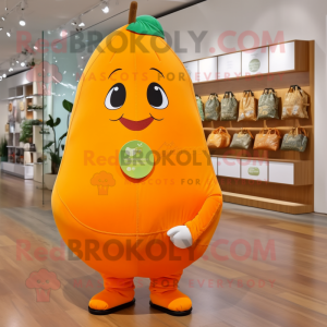 Orange Pear mascot costume character dressed with a Capri Pants and Coin purses