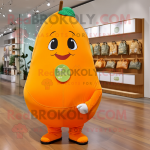 Orange Pear mascot costume character dressed with a Capri Pants and Coin purses