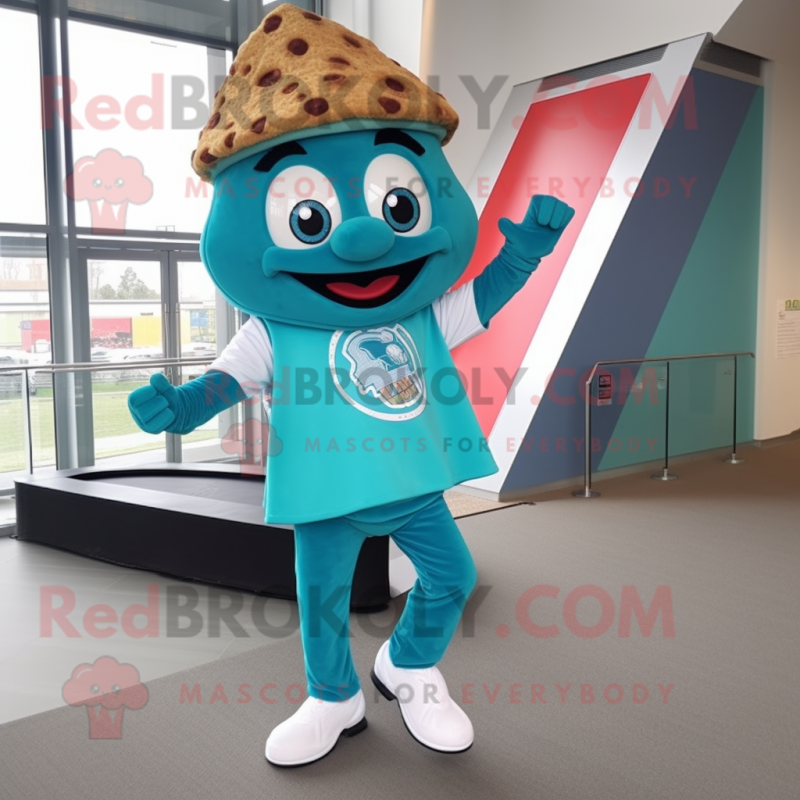 Turquoise Pizza Slice mascot costume character dressed with a Joggers and Cufflinks Turquoise Pizza Slice mascot costume character dressed with a Joggers and Cufflinks