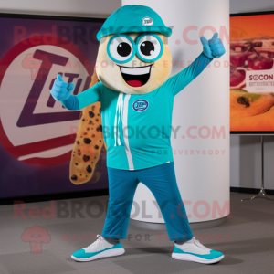Turquoise Pizza Slice mascot costume character dressed with a Joggers and Cufflinks