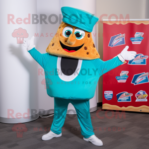 Turquoise Pizza Slice mascot costume character dressed with a Joggers and Cufflinks
