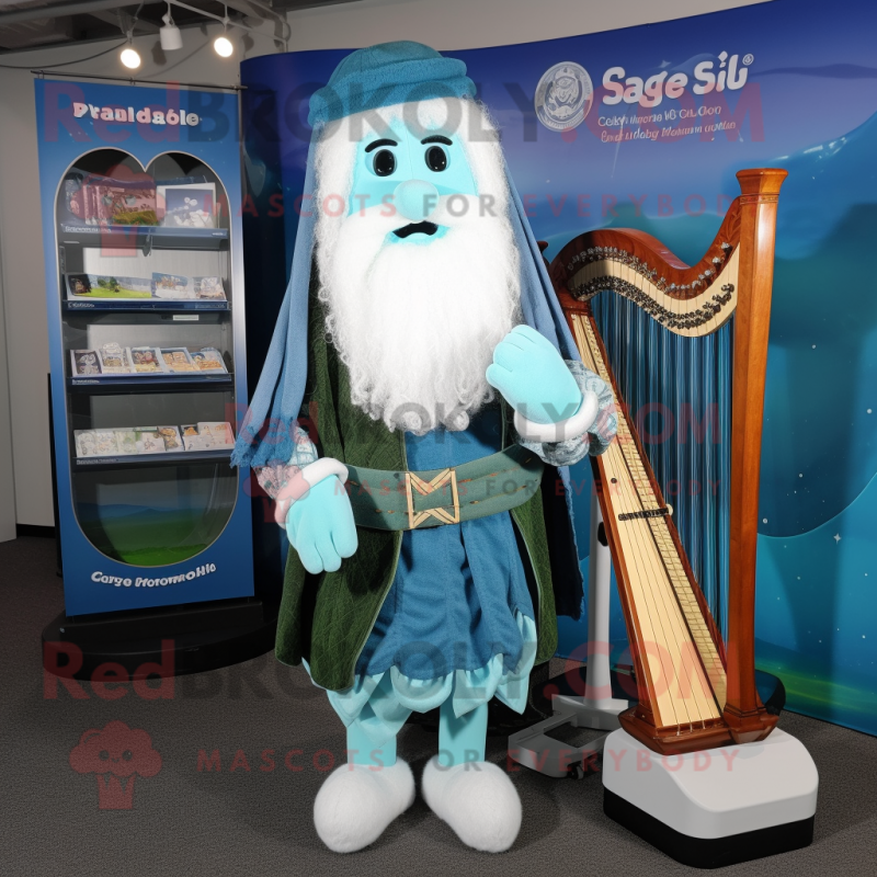 Sky Blue Celtic Harp mascot costume character dressed with a Cardigan and Belts Sky Blue Celtic Harp mascot costume character dressed with a Cardigan and Belts
