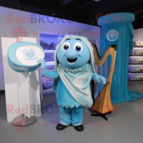 Sky Blue Celtic Harp mascot costume character dressed with a Cardigan and Belts