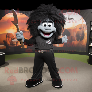 Black Knife Thrower mascot costume character dressed with a Henley Shirt and Pocket squares