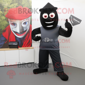 Black Knife Thrower mascot costume character dressed with a Henley Shirt and Pocket squares