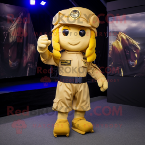 Gold Para Commando mascot costume character dressed with a Mini Dress and Caps