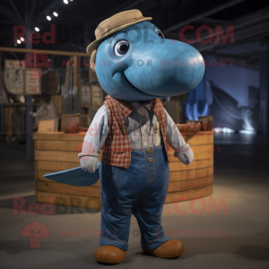Rust Whale mascot costume character dressed with a Chambray Shirt and Suspenders
