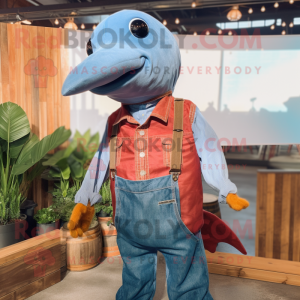 Rust Whale mascot costume character dressed with a Chambray Shirt and Suspenders