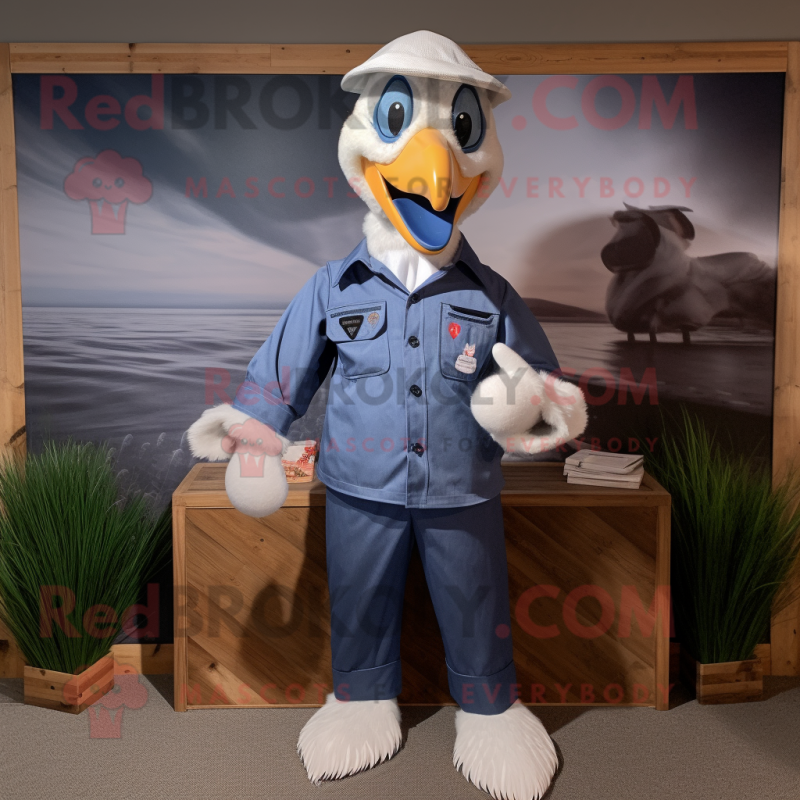 Navy Swans mascot costume character dressed with a Chambray Shirt and Pocket squares