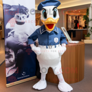 Navy Swans mascot costume character dressed with a Chambray Shirt and Pocket squares