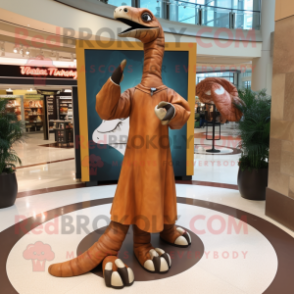 Rust Brachiosaurus mascot costume character dressed with a Cover-up and Shoe clips