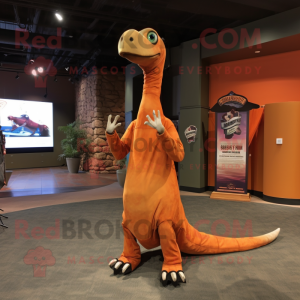 Rust Brachiosaurus mascot costume character dressed with a Cover-up and Shoe clips