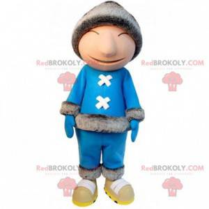 Eskimo-Maskottchen mit blauem Outfit und großer Mütze -