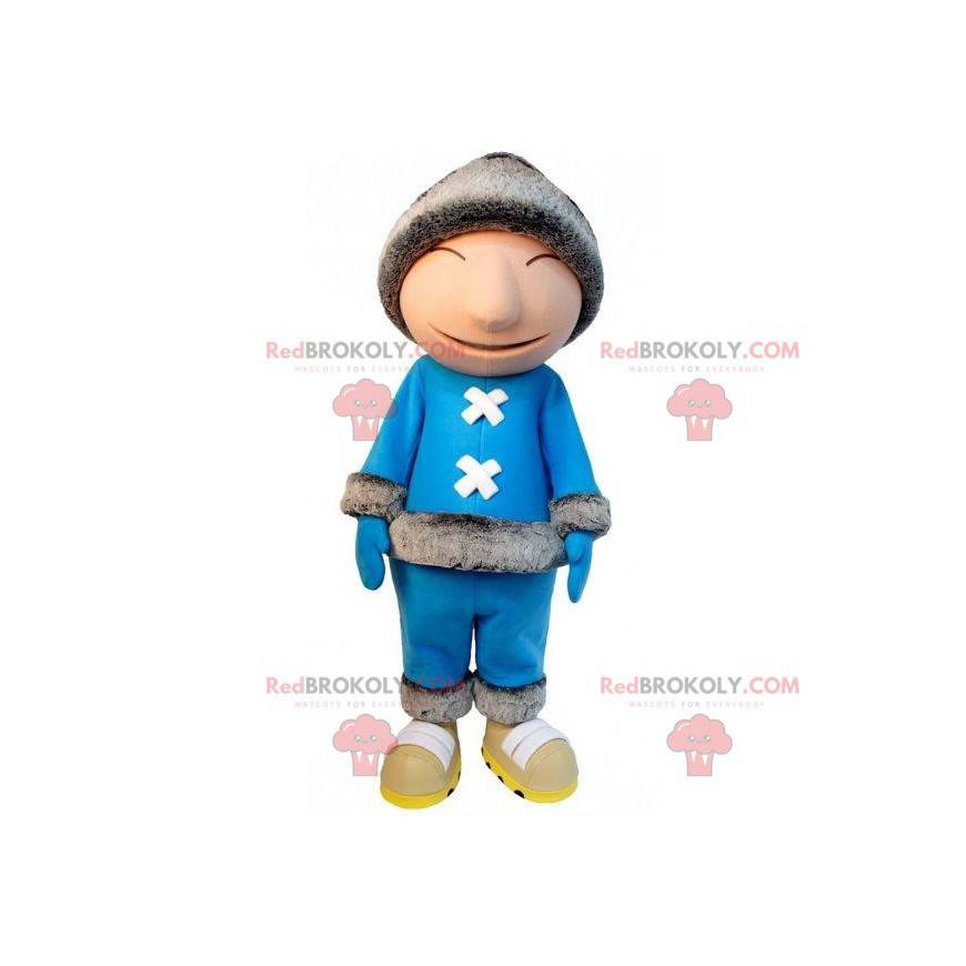 Eskimo-Maskottchen mit blauem Outfit und großer Mütze -