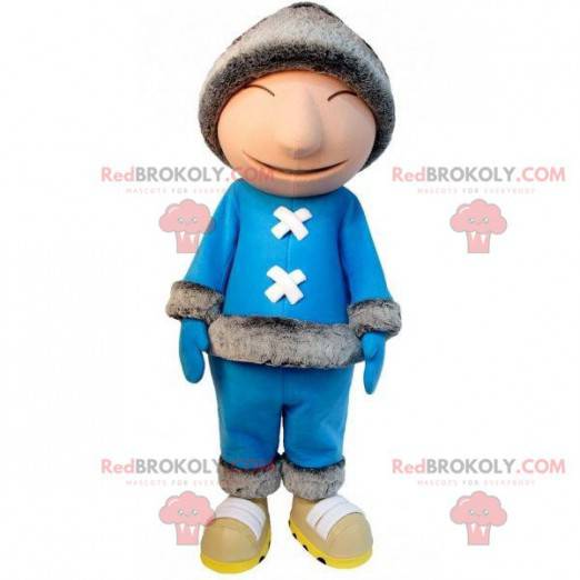 Eskimo-mascotte met een blauwe outfit en een grote pet -