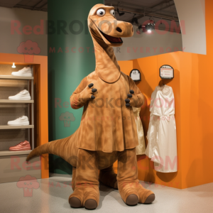 Rust Brachiosaurus mascot costume character dressed with a Cover-up and Shoe clips
