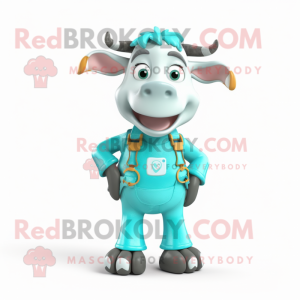Turquoise Cow mascot costume character dressed with a Overalls and Belts