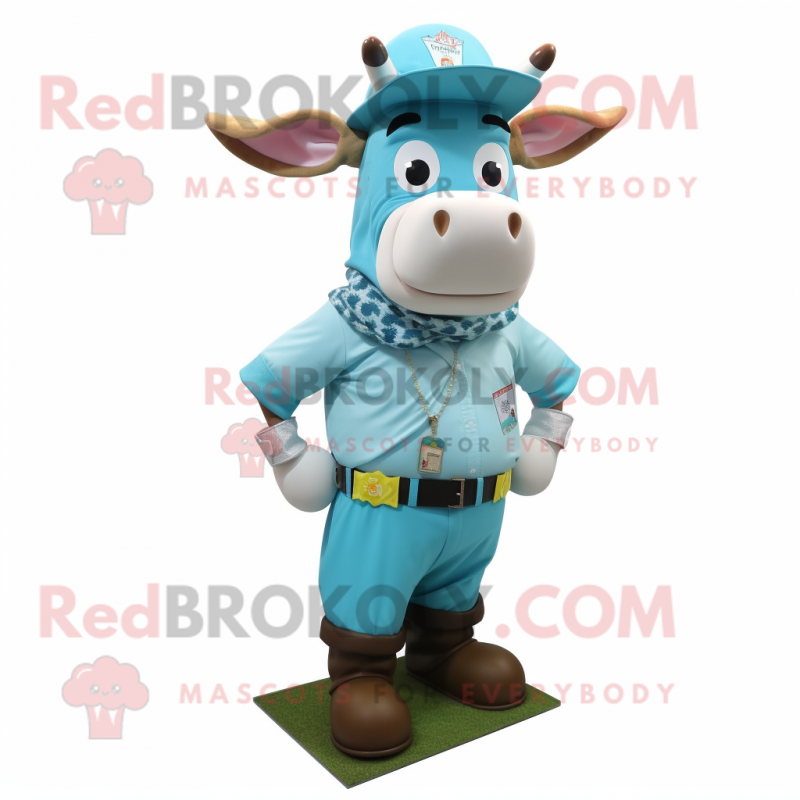 Turquoise Cow mascot costume character dressed with a Overalls and Belts