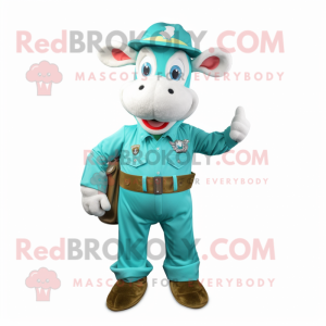 Turquoise Cow mascot costume character dressed with a Overalls and Belts