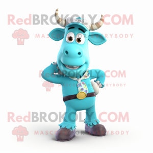 Turquoise Cow mascot costume character dressed with a Overalls and Belts