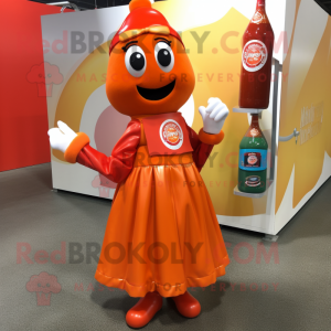 Orange Bottle Of Ketchup mascot costume character dressed with a Wrap Skirt and Anklets