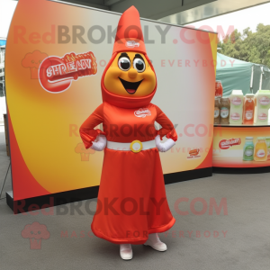 Orange Bottle Of Ketchup mascot costume character dressed with a Wrap Skirt and Anklets