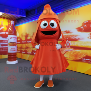 Orange Bottle Of Ketchup mascot costume character dressed with a Wrap Skirt and Anklets