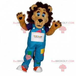 Brun lejonmaskot med färgglada overaller - Redbrokoly.com
