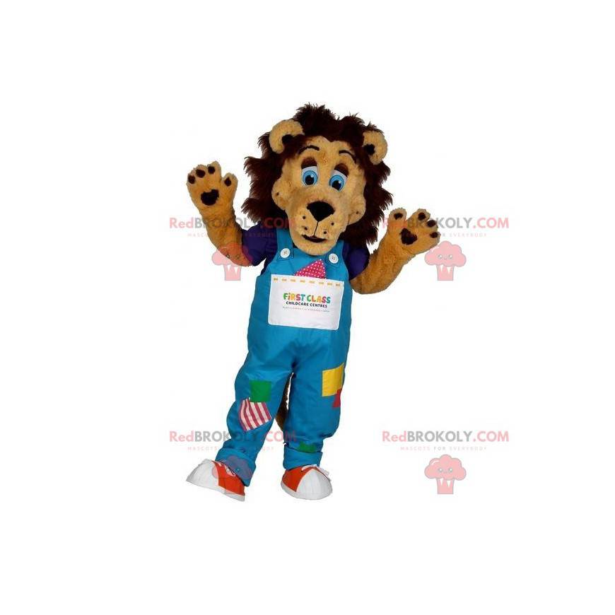 Brun lejonmaskot med färgglada overaller - Redbrokoly.com